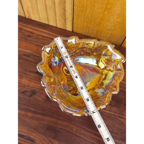 Vintage Carnival Glass Bowl With Embossed Leaf & Berry Design Amber Iridescent F - Picture 4 of 7